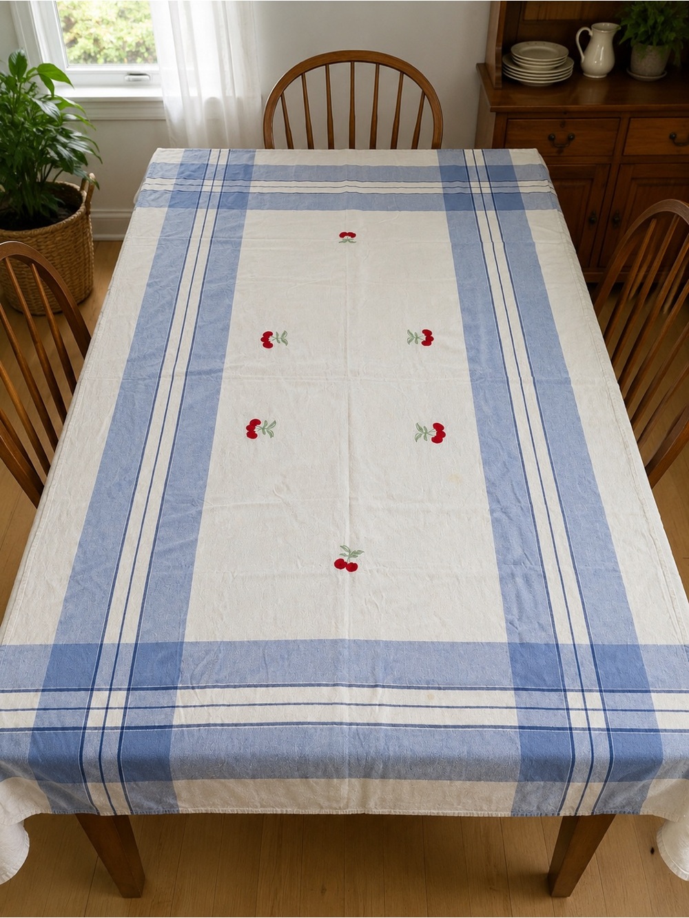 Vintage Cherry Embroidered Tablecloth | Blue Plaid Border